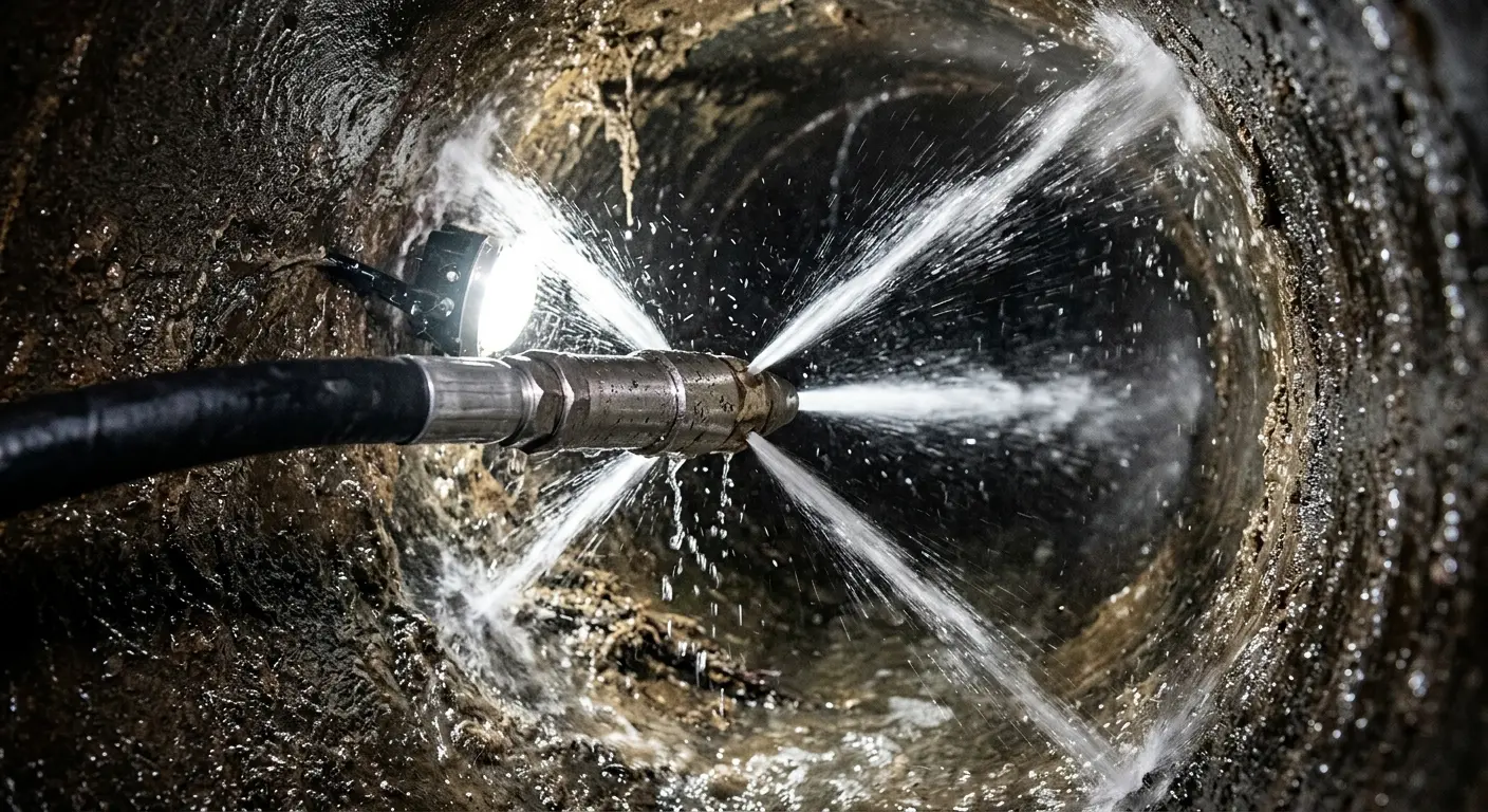 High-pressure hydro jetting nozzle cleaning sewer pipe for Trenchless Sewer Repair in Evans