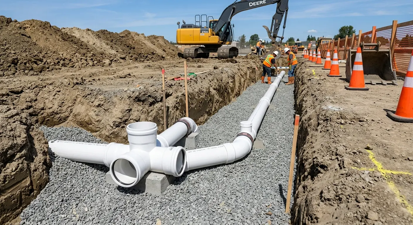 New PVC sewer pipe installation in open trench for Sewer Backup in Evans